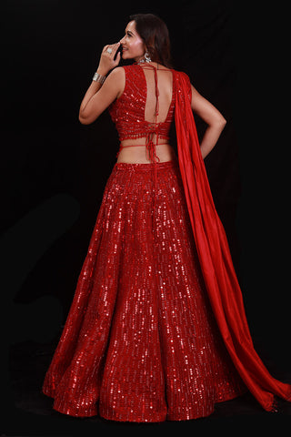 Archana Kochhar-Red Embellished Lehenga Set-INDIASPOPUP.COM