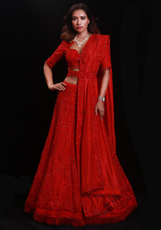 Archana Kochhar-Red Shimmer Embellished Lehenga Set-INDIASPOPUP.COM