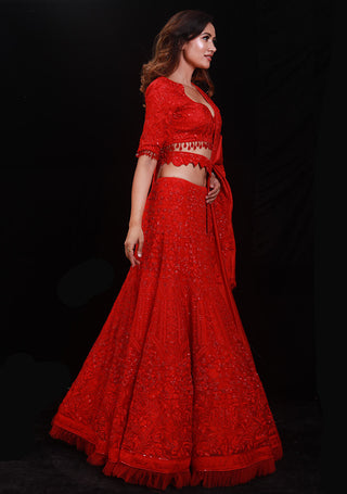 Archana Kochhar-Red Shimmer Embellished Lehenga Set-INDIASPOPUP.COM