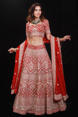 Archana Kochhar-Red Bridal Embroidered Lehenga Set-INDIASPOPUP.COM