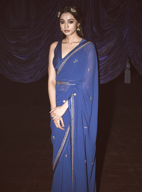 Label Earthen-Royal Blue Saree And Blouse-INDIASPOPUP.COM