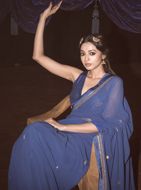 Label Earthen-Royal Blue Saree And Blouse-INDIASPOPUP.COM