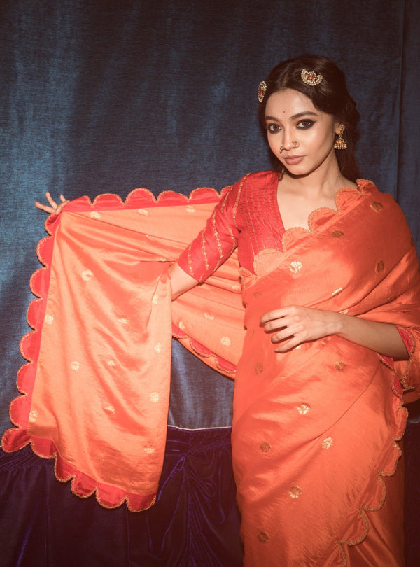 Label Earthen-Orange & Red Saree With Blouse-INDIASPOPUP.COM