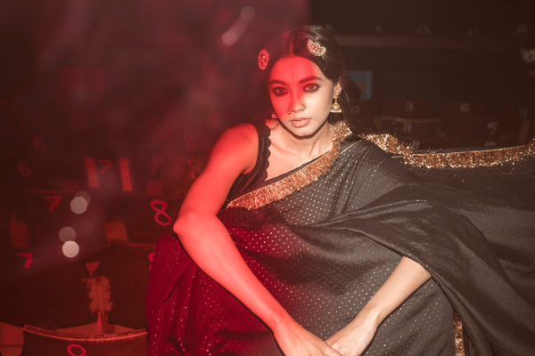 Label Earthen-Black Saree And Blouse-INDIASPOPUP.COM