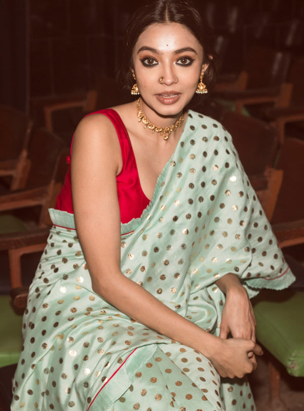 Label Earthen-Mint Green & Fuchsia Saree With Blouse-INDIASPOPUP.COM