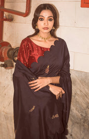 Label Earthen-Navy Blue & Maroon Saree With Blouse-INDIASPOPUP.COM