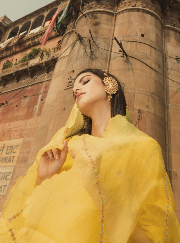 Label Earthen-Yellow Peetambari Kurta Set With Odhni-INDIASPOPUP.COM