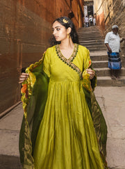 Label Earthen-Yellow & Green Kurta Set With Odhni-INDIASPOPUP.COM
