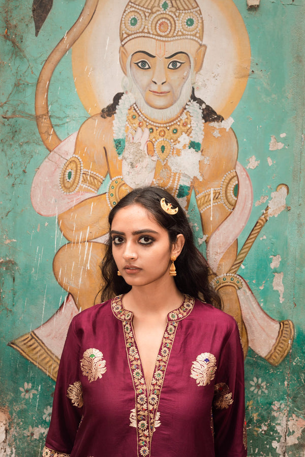 Label Earthen-Plum Banarasi Zari Kurta Sharara Set-INDIASPOPUP.COM