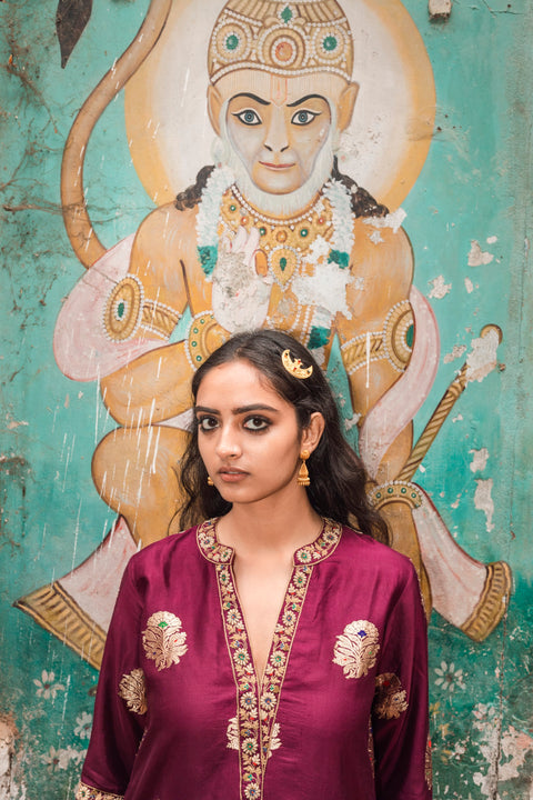 Label Earthen-Plum Banarasi Zari Kurta Sharara Set-INDIASPOPUP.COM
