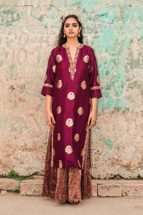 Label Earthen-Plum Banarasi Zari Kurta Sharara Set-INDIASPOPUP.COM