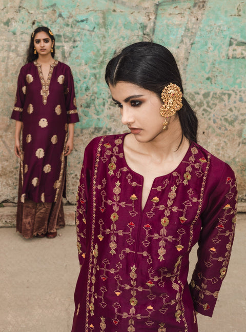 Label Earthen-Plum Phalsa Zari Resham Kurta Set-INDIASPOPUP.COM