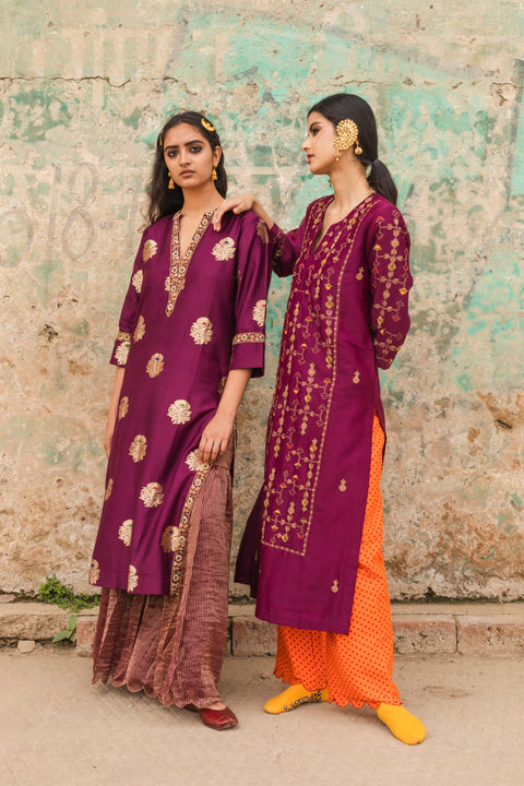 Label Earthen-Plum Banarasi Zari Kurta Sharara Set-INDIASPOPUP.COM