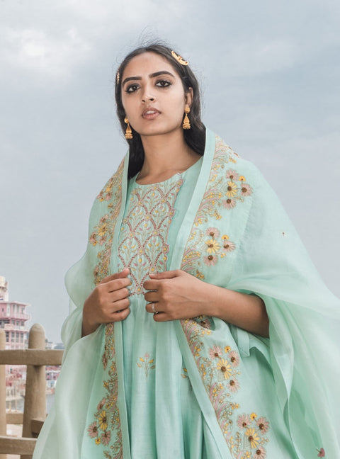Label Earthen-Mint Green Nirali Resham Kali Kurta Set-INDIASPOPUP.COM