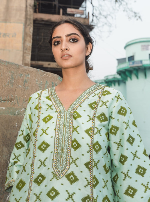Label Earthen-Mint Green Nirali Barfi Kurta Set-INDIASPOPUP.COM
