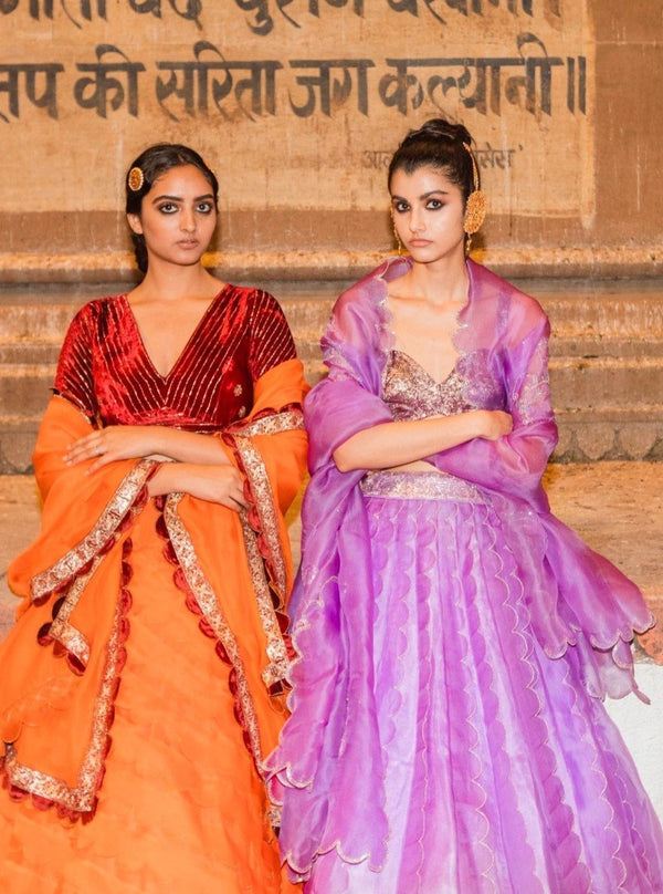Label Earthen-Orange Kumkum Kesar Lehnga Set-INDIASPOPUP.COM