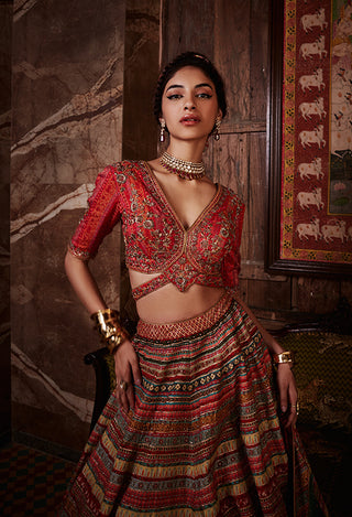 Kalista-Noor Red Embroidered Lehenga Set-INDIASPOPUP.COM