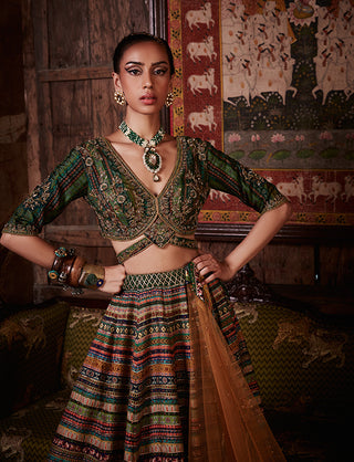 Kalista-Noor Bottle Green Embroidered Lehenga Set-INDIASPOPUP.COM