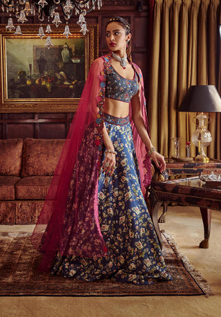 Kalista-Blue Floral Printed Lehenga Set-INDIASPOPUP.COM