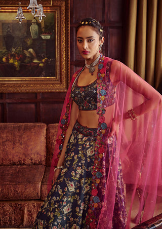 Kalista-Blue Floral Printed Lehenga Set-INDIASPOPUP.COM