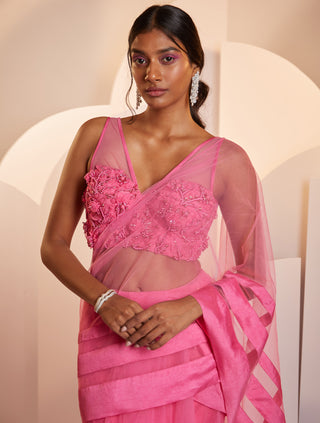 Shloka Khialani-Claire Hot Pink Pleated Sari With Blouse-INDIASPOPUP.COM
