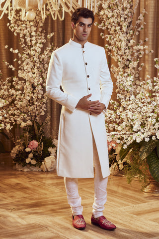 Bindani By Jigar And Nikita-White Textured Floral Shewani-INDIASPOPUP.COM
