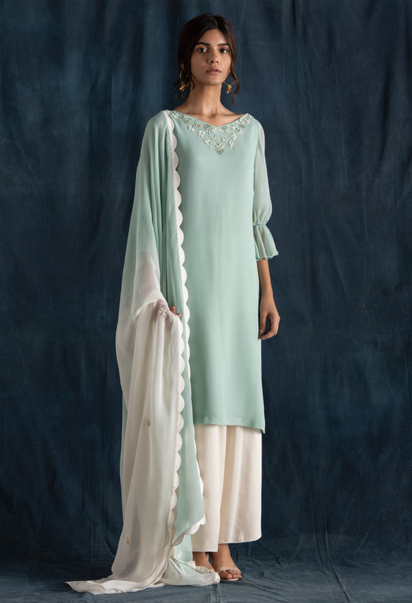 Lavanya Ahuja-Mint & Ivory Embroidered Kurta Set-INDIASPOPUP.COM