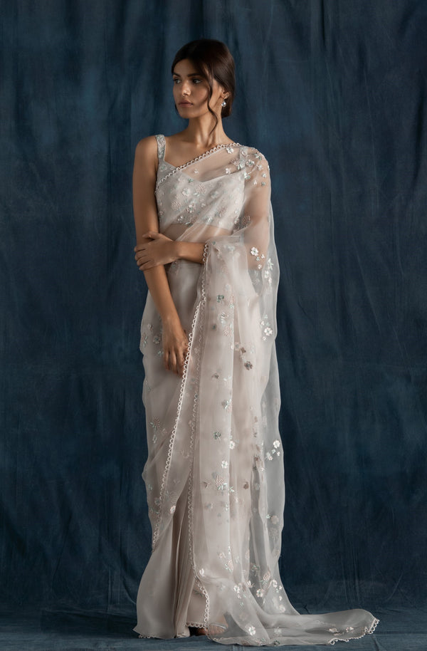 Lavanya Ahuja-Soft Grey Pre-Stitched Saree-INDIASPOPUP.COM
