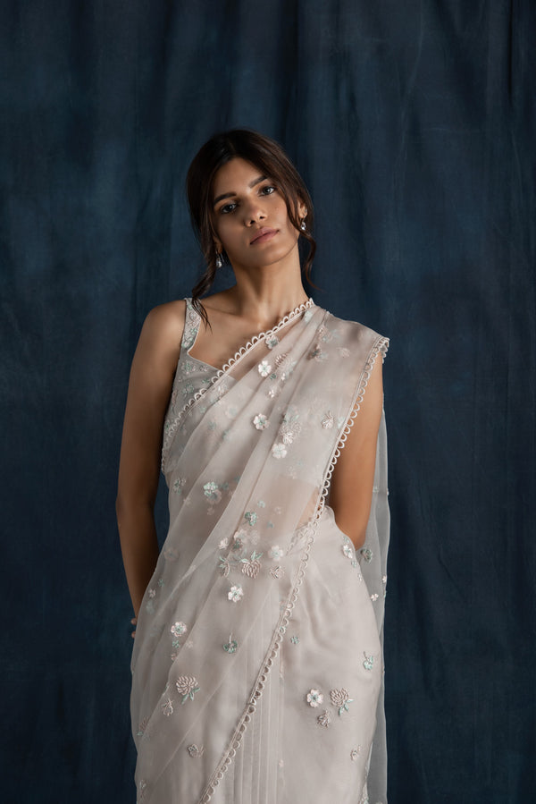 Lavanya Ahuja-Soft Grey Pre-Stitched Saree-INDIASPOPUP.COM