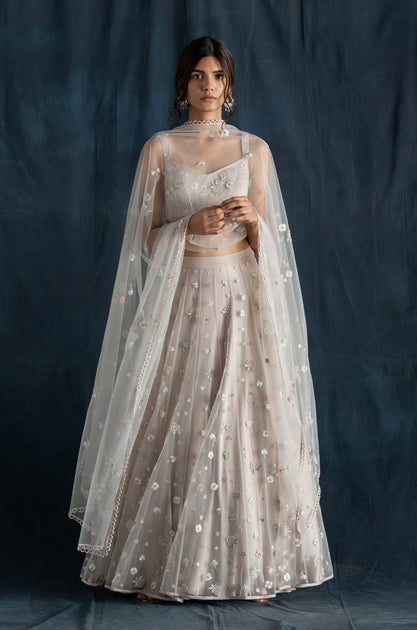 Lavanya Ahuja | Soft Grey Embroidered Lehenga Set | INDIASPOPUP.COM