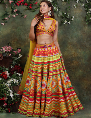 Archana Kochhar-Mustard Vibrant Embroidered Lehenga Set-INDIASPOPUP.COM