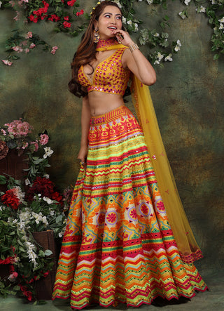 Archana Kochhar-Mustard Vibrant Embroidered Lehenga Set-INDIASPOPUP.COM