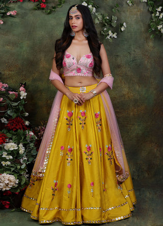 Archana Kochhar-Mustard Floral Embroidered Lehenga Set-INDIASPOPUP.COM