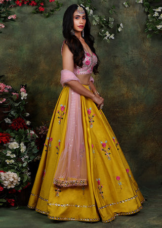 Archana Kochhar-Mustard Floral Embroidered Lehenga Set-INDIASPOPUP.COM