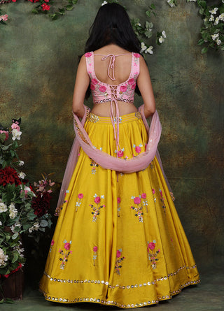 Archana Kochhar-Mustard Floral Embroidered Lehenga Set-INDIASPOPUP.COM