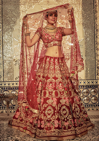 Archana Kochhar-Maroon Red Bridal Lehenga Set-INDIASPOPUP.COM