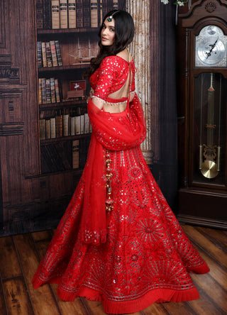 Archana Kochhar-Red Mirror Work Lehenga Set-INDIASPOPUP.COM