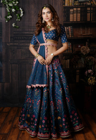 Archana Kochhar-Midnight Blue Floral Motifs Lehenga Set-INDIASPOPUP.COM