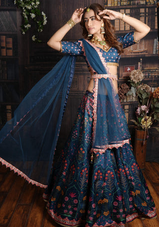 Archana Kochhar-Midnight Blue Floral Motifs Lehenga Set-INDIASPOPUP.COM