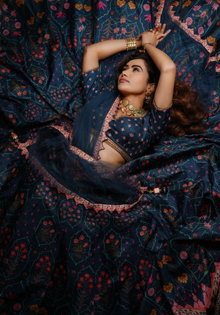 Archana Kochhar-Midnight Blue Floral Motifs Lehenga Set-INDIASPOPUP.COM