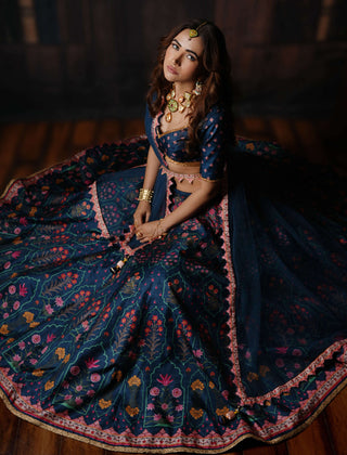 Archana Kochhar-Midnight Blue Floral Motifs Lehenga Set-INDIASPOPUP.COM