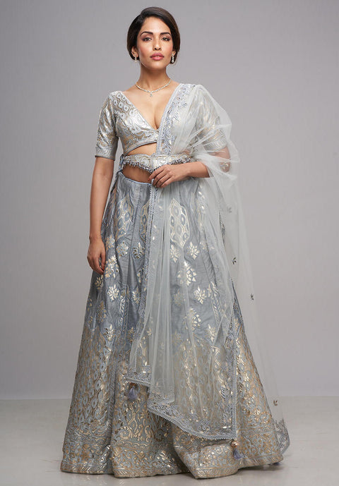 Archana Kochhar-Grey And Powder Blue Embroidered Lehenga Set-INDIASPOPUP.COM