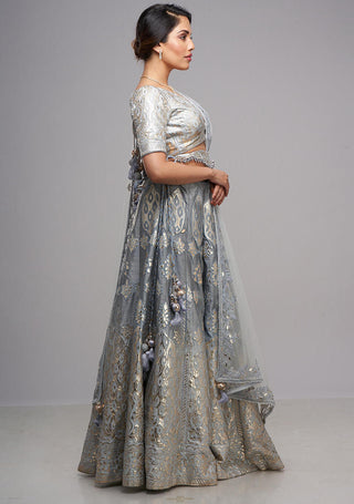 Archana Kochhar-Grey And Powder Blue Embroidered Lehenga Set-INDIASPOPUP.COM