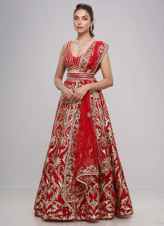 Archana Kochhar-Bright Red Embroidered Lehenga Set-INDIASPOPUP.COM