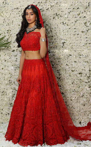Archana Kochhar-Red Lace Embroidered Lehenga Set-INDIASPOPUP.COM