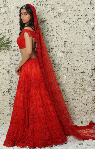 Archana Kochhar-Red Lace Embroidered Lehenga Set-INDIASPOPUP.COM