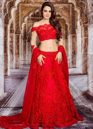 Archana Kochhar-Red Lace Embroidered Lehenga Set-INDIASPOPUP.COM