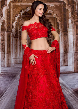 Archana Kochhar-Red Lace Embroidered Lehenga Set-INDIASPOPUP.COM