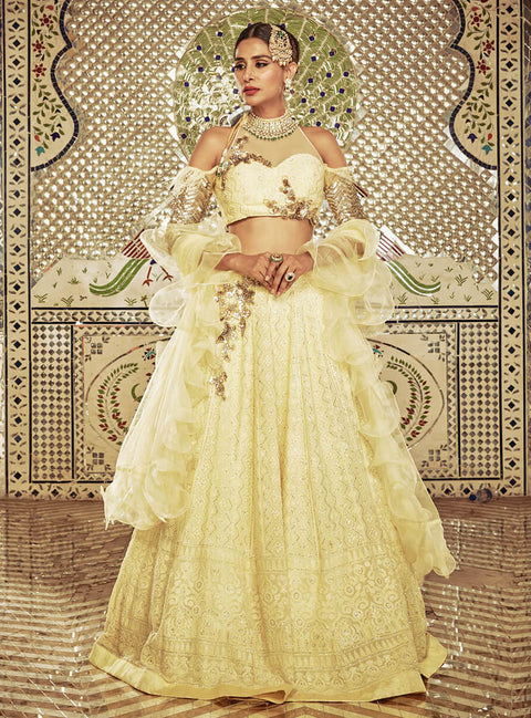 Yellow Lucknowi Lehenga choli party wear designer Indian wedding Brida –  Arisen