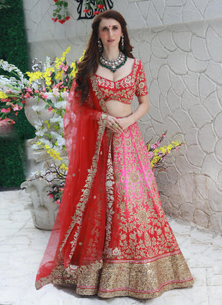 Archana Kochhar-Pink Red Bridal Embroidered Lehenga Set-INDIASPOPUP.COM